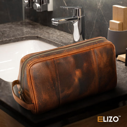 ELIZO Premium REAL Leather Toiletry Bag for Men Dopp Kitt Hanging Mens Toiletry Large TSA Toiletries Bag Shaving Grooming Bag Organizer