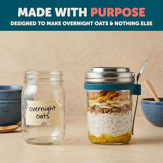 Overnight Oats Jars with Lids and Spoon - Glass Chia Pudding Containers - 16 oz Leakproof Mason Jar for Oatmeal - Wide Mouth To Go Meal Prep Cup with Measurement Markings - 2 Pack
