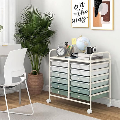 Giantex 12 Drawers Rolling Cart, Mobile Storage Drawer Cart, Classroom Organizer Cart for Office School Supplies Tools Scrapbook Paper Craft Small Printer, Utility Cart on Wheels, Green Gradient