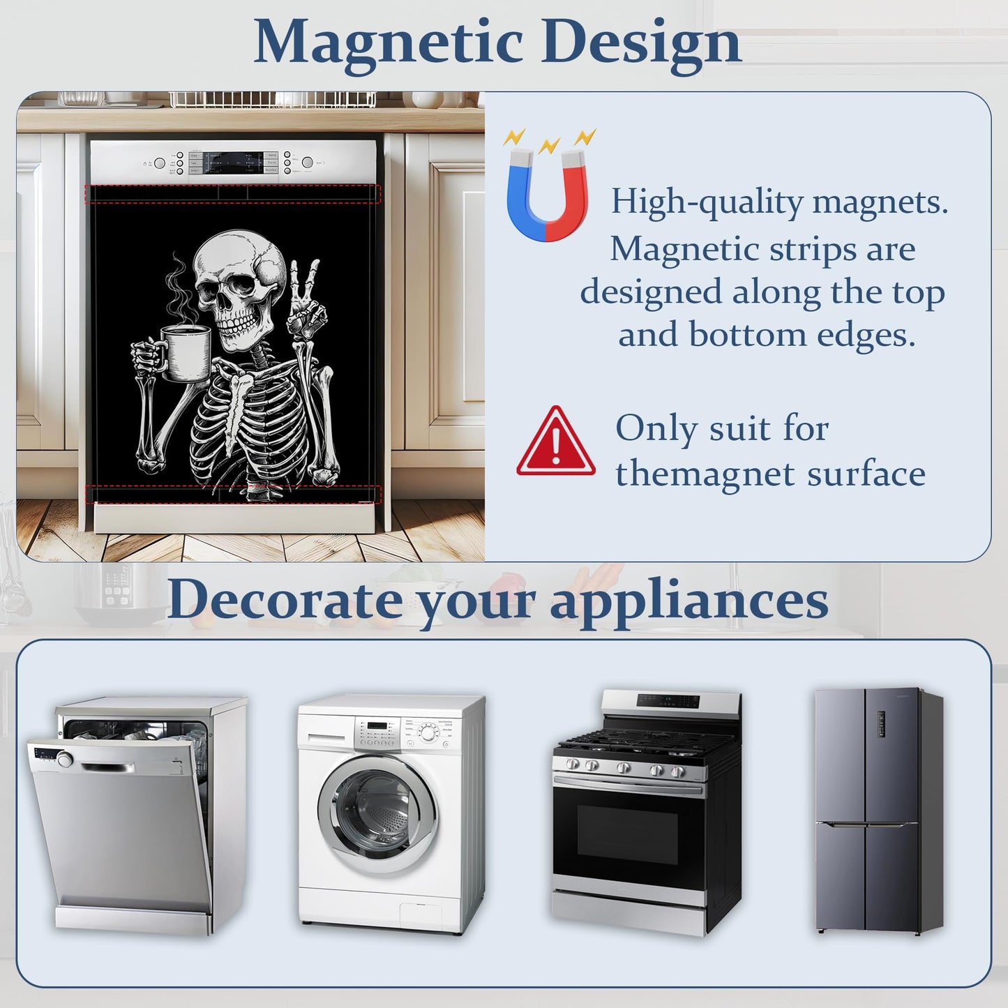 Black Dishwasher Magnet Cover Funny Skeleton Coffee Dishwasher Magnets Decorative Cover for Kitchen, Refrigerator Magnet Decal Panels 23” x 26”