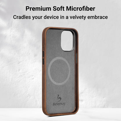 Belemay Compatible with iPhone 14 Pro Leather Case Magsafe - Top Grain Vintage Crazy Horse Leather - Metal Buttons & Camera Bezel Bump - Slim Fit & Soft - Premium Phone Cover (6.1-inch) Retro Brown