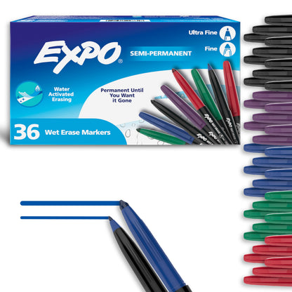 EXPO Wet Erase Markers, Semi-Permanent, Fine and Ultra-Fine Tips, 36 Count - For Writing on Glass, Whiteboards, Mirrors, Calendar, Labeling, Organizing