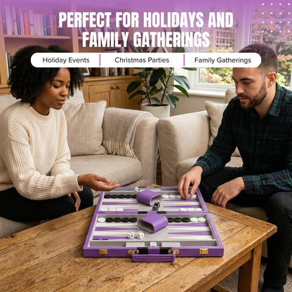 Premium Backgammon 18 Inches Large Purple - Backgammon Sets for Adults and Kids - Leatherette Back Gammon Board Game Set - Travel Backgammon Set Board Encased with Accessories