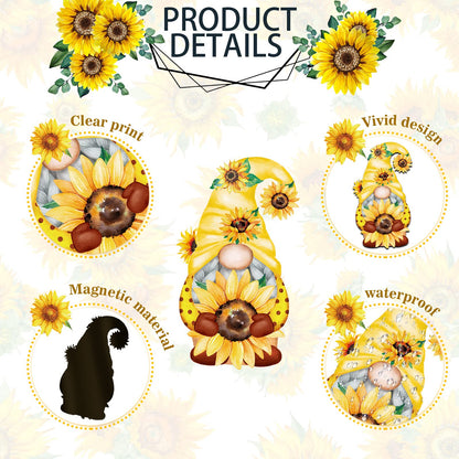 Geiserailie 16 Pcs Sunflower Gnome Refrigerator Magnets Cruise Door Magnets Spring Car Magnetic Stickers Summer Fridge Garage Decals Sunflower Party Decorations for Home Office Decor