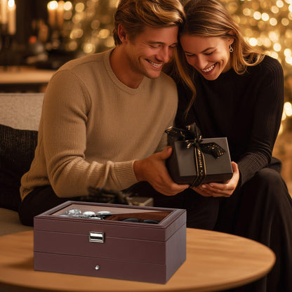 GLJ Jewelry Box for Men, 6 Slot Watch Box Jewelry Organizer With Drawer, Watch Case for Men with Large Window, 2-Layer Watch Holder, Sunglasses Storage Organizer, Velvet Lining, Fathers Day Gift