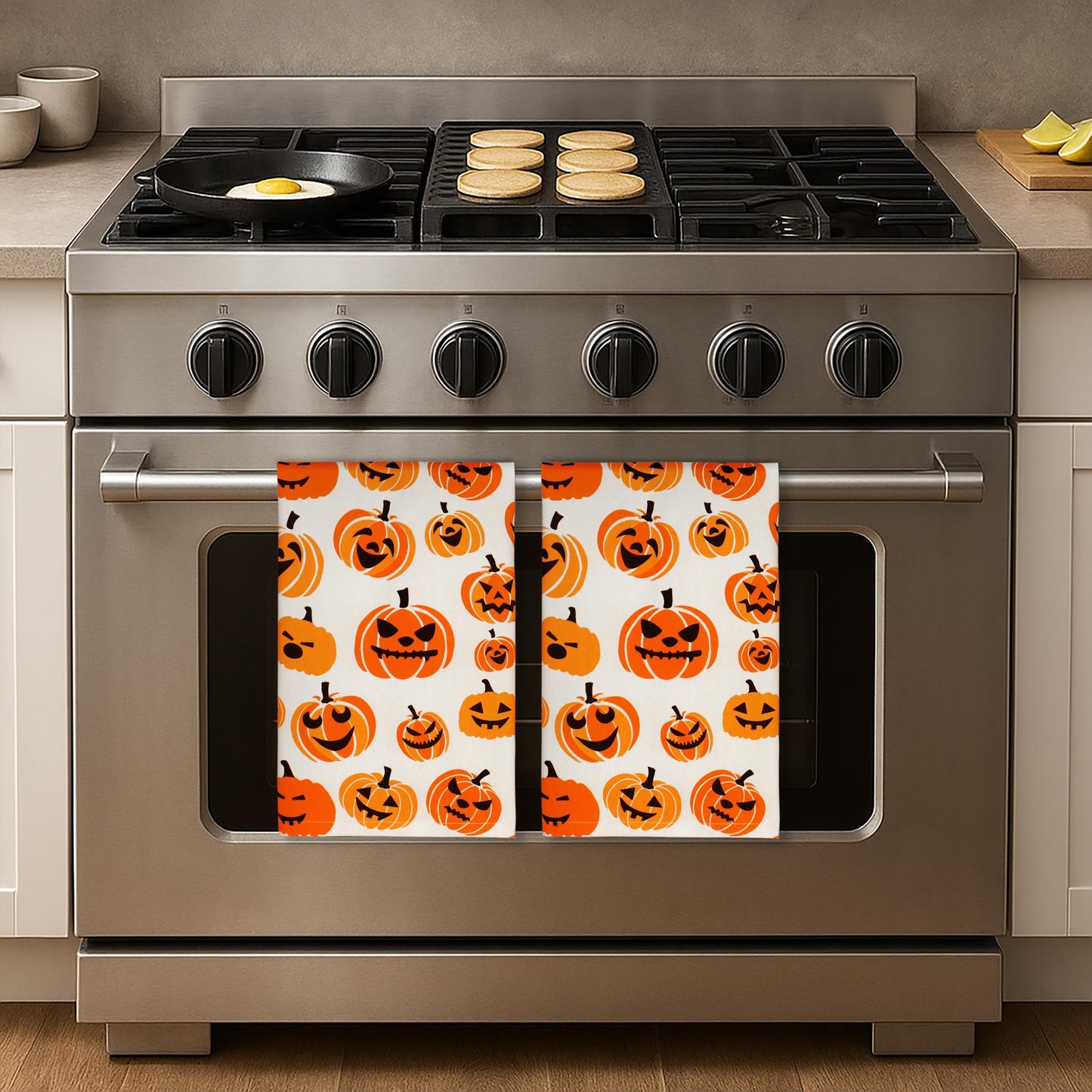 PurpleEssences Halloween Kitchen Towels Set of 2-16x28 inch 100% Cotton Dish Towels - Absorbent, Reusable Hand Towels for Drying, Cleaning & Kitchen Décor - Scary Pumpkin