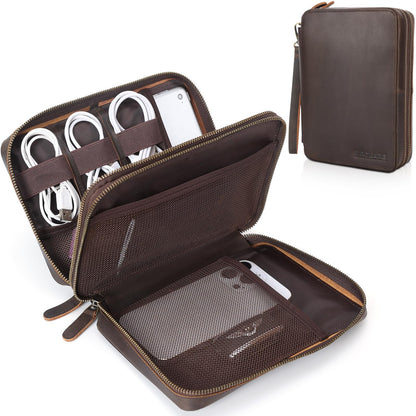 Polare Full Grain Leather Travel Cable Organizer Case Double Layer Electronics Accessories Carry Bag with YKK Zippers Tech Storage Bag for Cables, Power Bank, USB, SD Card