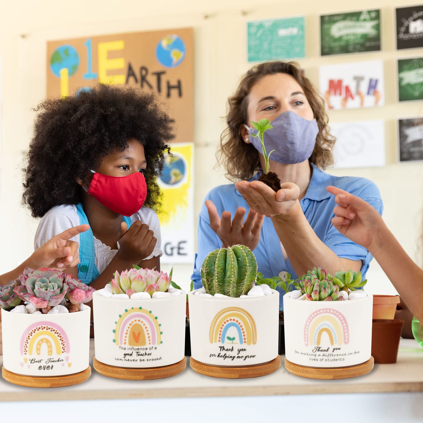 Kolewo4ever 9 Pieces Teacher Appreciation Gifts Ceramic Succulent Plant Pot Small Flower Planter Rainbow Funny Cute Succulent Accessories for Best Teacher Gift Plant Not Included