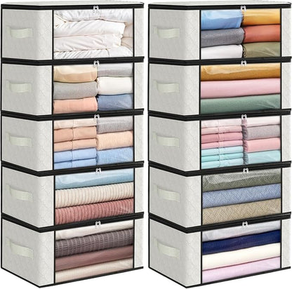 Fab totes 35L Closet Organizers and Storage, Foldable Under Bed Storage Containers, Storage bags for Organizing Bedroom, Closet, Clothing,Organization with Handle (10 Pack,Ivory)