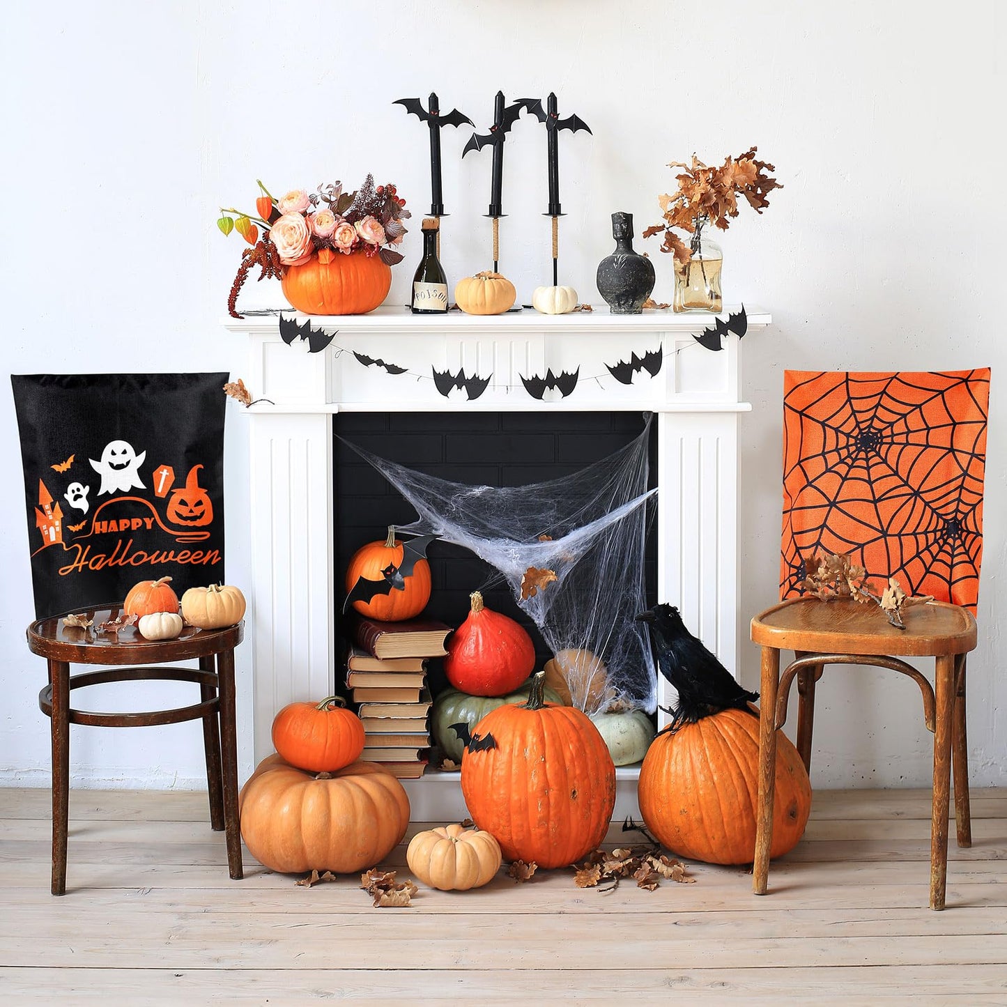 Whaline 4 Pack Happy Halloween Chair Covers Spooky Chair Back Covers Halloween Ghost Witch Bat Dining Room Seat Covers Orange Black Chair Slipcovers for Home Dining Room Kitchen Halloween Party