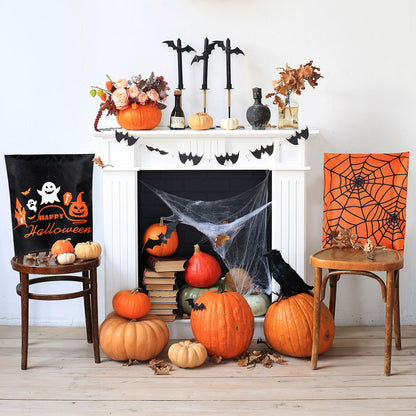 Whaline 4 Pack Happy Halloween Chair Covers Spooky Chair Back Covers Halloween Ghost Witch Bat Dining Room Seat Covers Orange Black Chair Slipcovers for Home Dining Room Kitchen Halloween Party