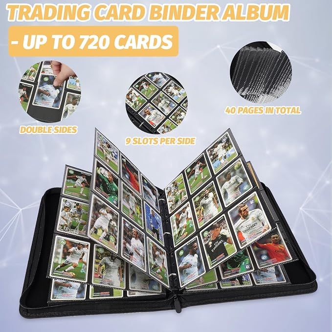 GERMUN 3 Ring 9 Pocket Zipper Card Binder, 720 Double Sided Standard PU Trading Card Album Folder for TCG & Sports Cards, Not Fit Top Loaders (Brown)