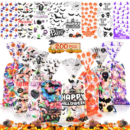 AhfuLife 200PCS Halloween Cellophane Treat Bags, 8 Designs Halloween Clear Candy Bags with Twist Ties for Treat or Treating, Snack Goodie Bags for Party Supplies Favors