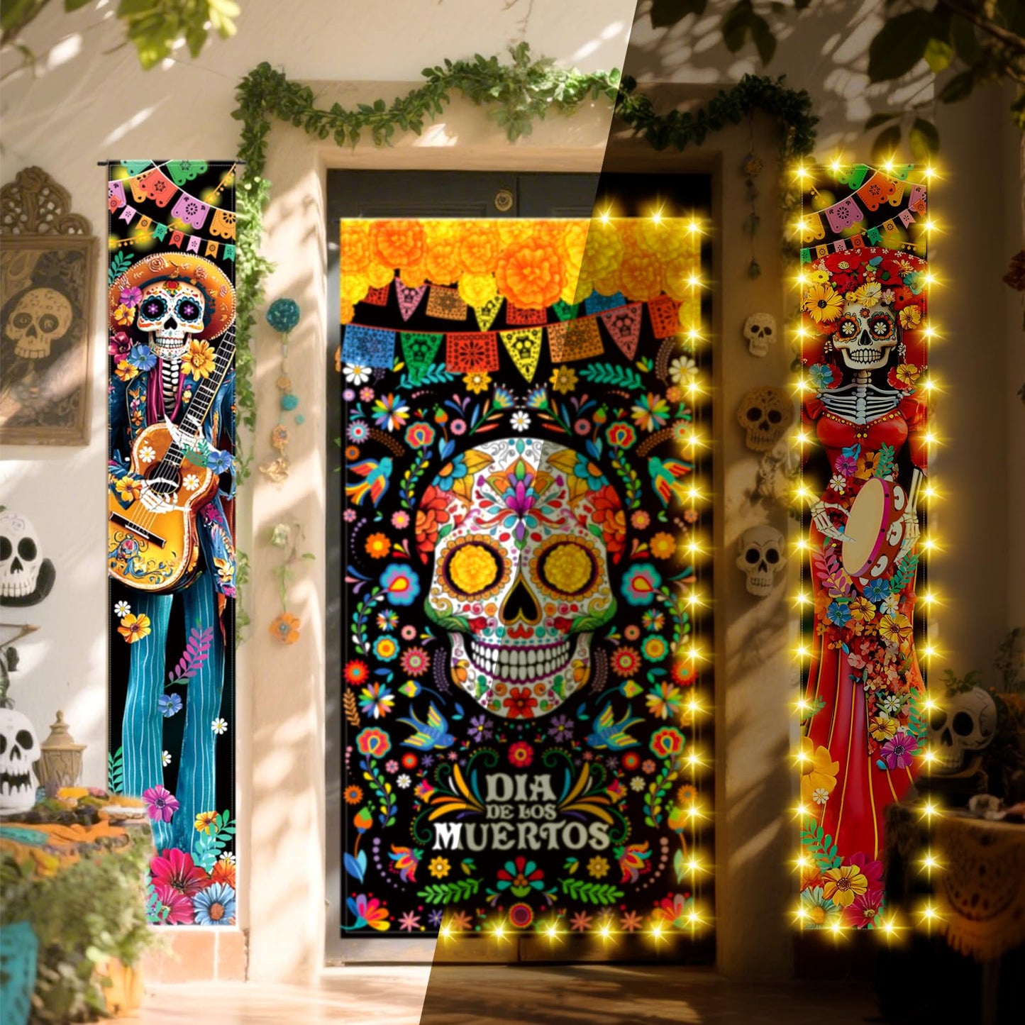 VitalCozy 3 Pcs Day of the Dead Decorations Dia De Los Muertos Door Cover with LED Lights Mexican Dia De Los Muertos Altar Party Porch Sign Halloween Sugar Skull Door Banner Backdrop for Fiesta Party