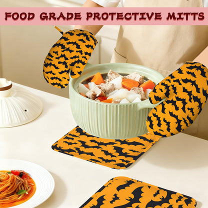 Halloween Bat Heat-Resistant Silicone Oven Mitts and Pot Holders 4 Piece Set,Extra Long Non-Slip Kitchen Oven Gloves for Cooking, Baking, BBQ,Grilling