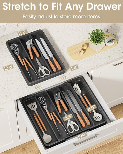 Aujen Silverware Organizer - Expandable Kitchen Drawer Organizer, Adjustable Utensil Organizer, Cutlery Tray for Forks, Knives, Multipurpose Kitchen Organizers and Storage Solution, Black, X-Large