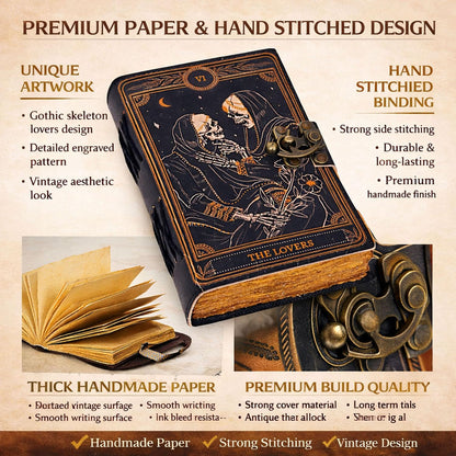 cuero Book of Spells Leather Journal Deckle Edge Paper Grimoire Printed Journal The Lovers Tarot Notebook Spiral Gothic Notebook Skull lover Antique Vintage Leather Journals for Men and Women