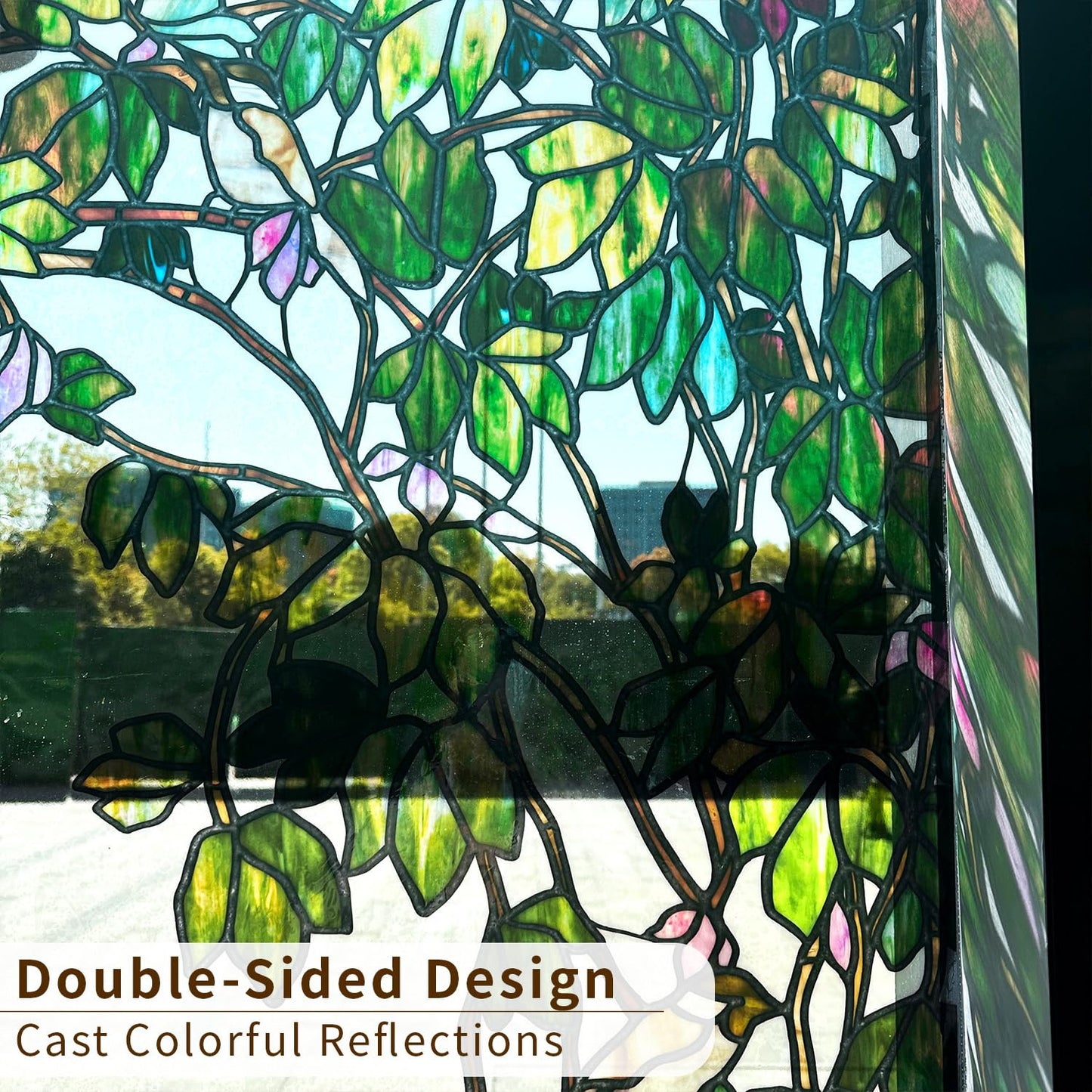 ChicSkin Original Hand Drawn Stained Glass Window Hanging Cling, Green Window Privacy Film Decorative Leaves Bird Cling, Green Vine Bird 15.75"X22.04"