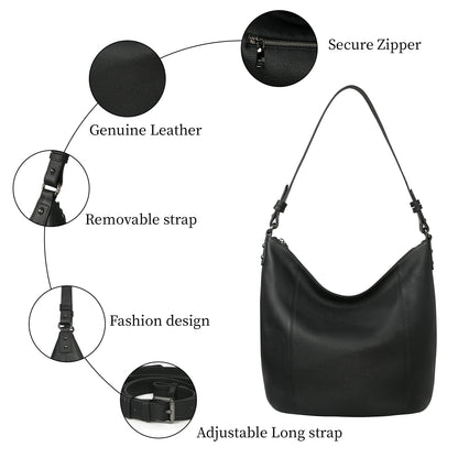 Iswee Genuine Leather Hobo Bags for Women Handbags Real Leather Purses Tote Black Slouchy Shoulder Purse Satchel Large Cross Body Bag (Black)