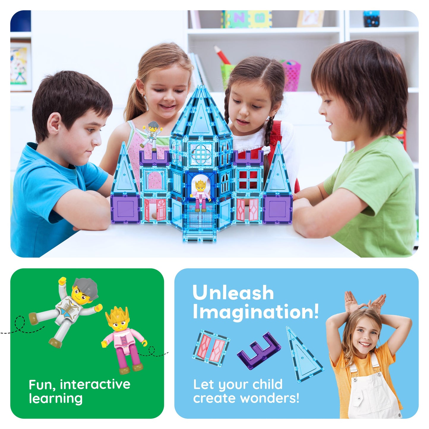 PicassoTiles 72 Piece Magnetic Building Tiles Castle Winter Ice Theme Construction Magnet Block Set with Princess Prince Character Stairs Windows Doors STEM Learning Educational Toy Kids Ages 3+ PT72
