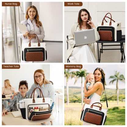 LOVEVOOK Teacher Tote Bag for Women Work, Laptop Bag With Large Cup Holder, Nurse Bags Professional Briefcase Business Computer Purses Bible Handbag Gifts, Black-Beige-Brown, 15.6 Inch