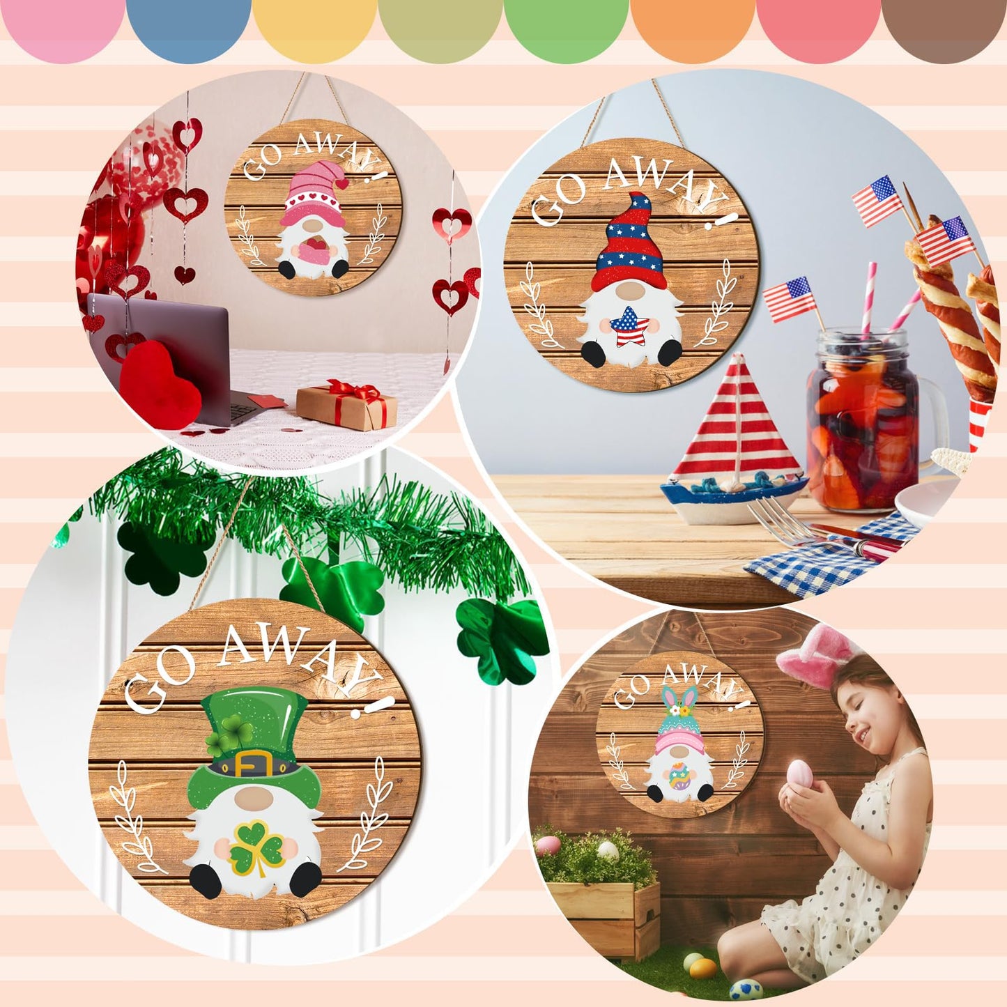 Seasonal Gnome Wall Decor Set, 11.8 inch Wooden Round Sign with Interchangeable Holiday Hats, Welcome Door Hanging (Delicate)