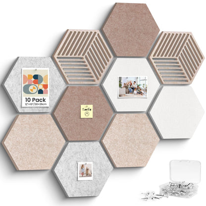 Hexagon Cork Bulletin Boards for Walls Decor, 10 Pack Felt Board Tiles with 25 Push Pins, Photo Display Board for Office & Home Classroom DIY Decor