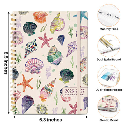 Academic Planner 2026-2027, Monthly and Weekly Calendar Planner, July 2026 - June 2027, Pretty Hardcover Teacher Student Planning Agenda Book with Tabs, Fit for School Office Supplies, 6.3" x 8.5", Sea Shell