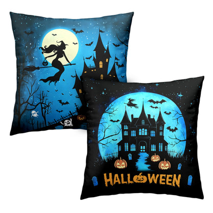 Kwlegh Halloween Pillow Covers 18x18 Set of 2 Witch Castle Throw Pillow Covers Horror Full Moon Night Pillow Case Bat Ghost Pumpkin Cushion Case for Holiday Party Home Decor Couch Sofa