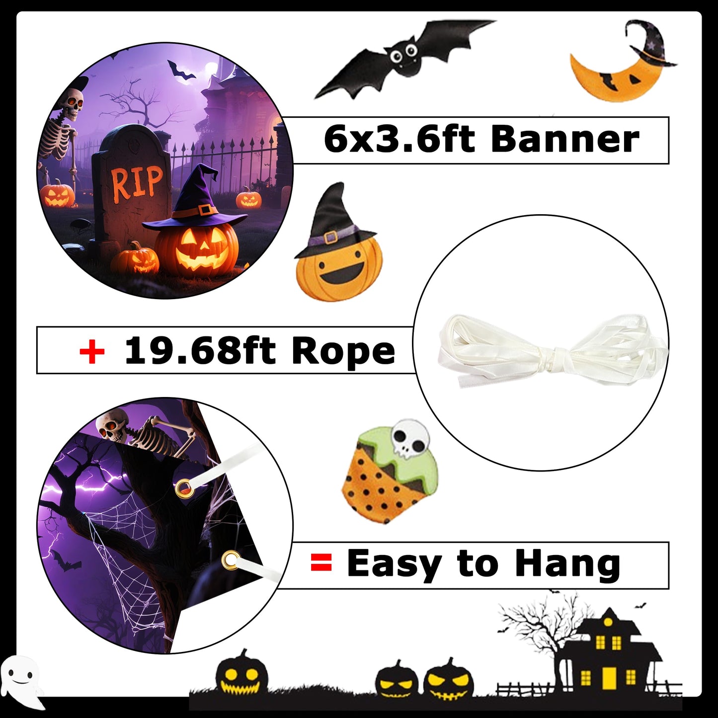 Halloween Backdrop 6x3.6ft Happy Halloween Backdrops for Photoshoot Jack O'Lantern Pumpkin Lantern Horror Moon Night Scary Cemetery Background with 19.68ft Rope for Adult Family Party Birthday Decor