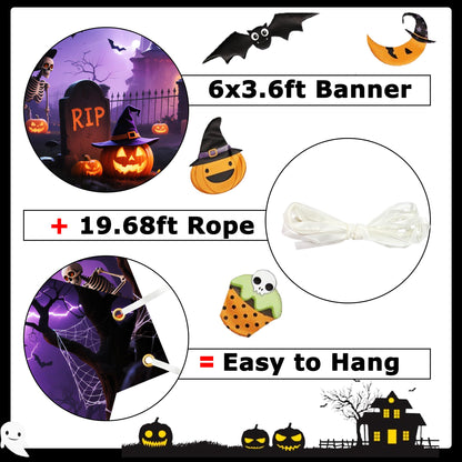 Halloween Backdrop 6x3.6ft Happy Halloween Backdrops for Photoshoot Jack O'Lantern Pumpkin Lantern Horror Moon Night Scary Cemetery Background with 19.68ft Rope for Adult Family Party Birthday Decor