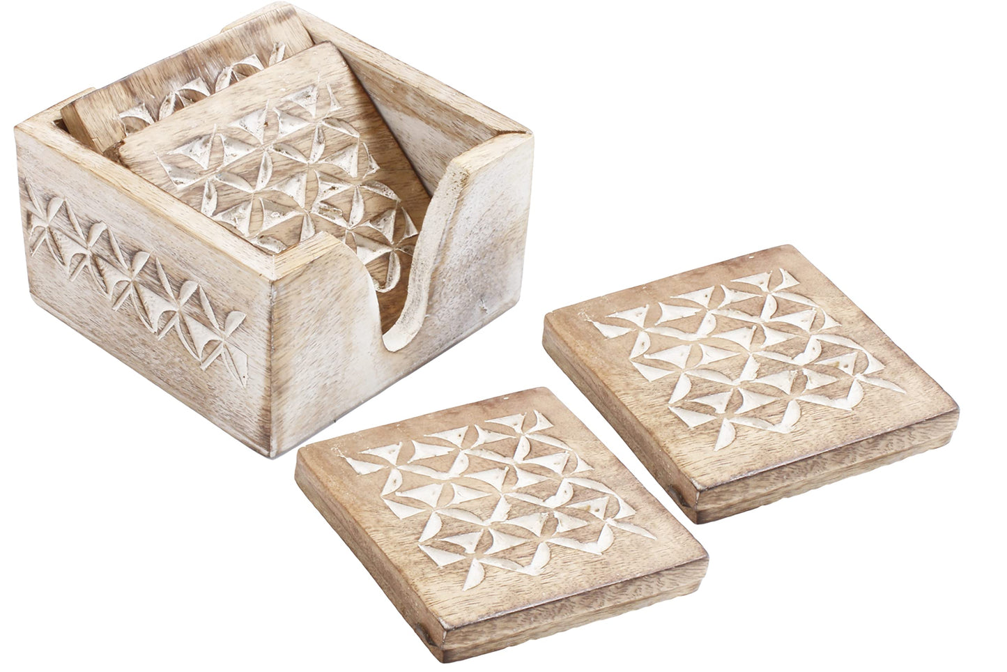 Wooden Set of 6 Whitewash Coasters with Holder Stand | White Distressed Coasters for Tea, Coffee & Drinks | Dining Table & Home Décor