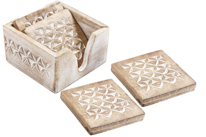 Wooden Set of 6 Whitewash Coasters with Holder Stand | White Distressed Coasters for Tea, Coffee & Drinks | Dining Table & Home Décor