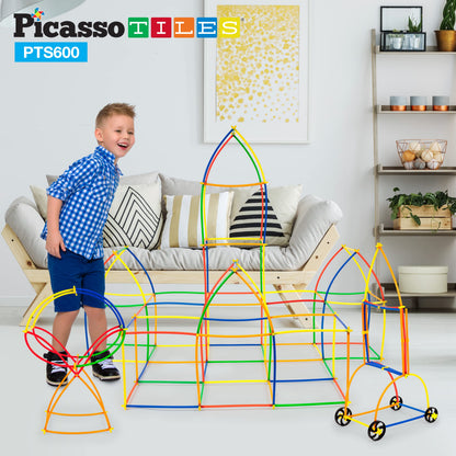 PicassoTiles 600pc Construction Toy Straw Building Set Children STEM Learning Interlocking Building Toys Creative Straw Connecting Builder Kits Early Education Kit for Kids Boys & Girls Ages 3+ PTS600