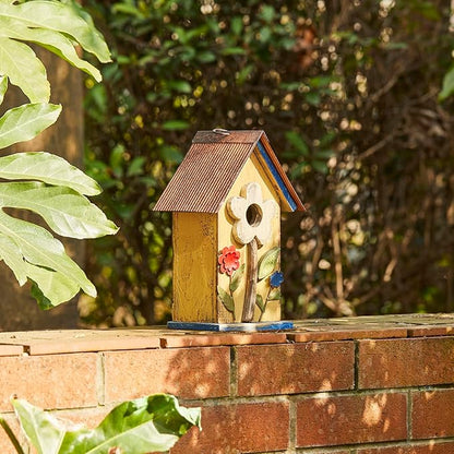Glitzhome Bird Houses for Outside, 10.2" H Hanging Bird House for Outdoor Patio Garden Decorative Birdhouse Pet Cottage Distressed Wooden Birdhouse for Swallow Sparrow Finch Cardinals, Yellow Flower