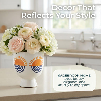 Sagebrook Home Boho Ceramic Planter with Pedestal Base - Hand-Painted Stoneware Plant Pot for Home & Garden - Modern Decorative Design - 7" White