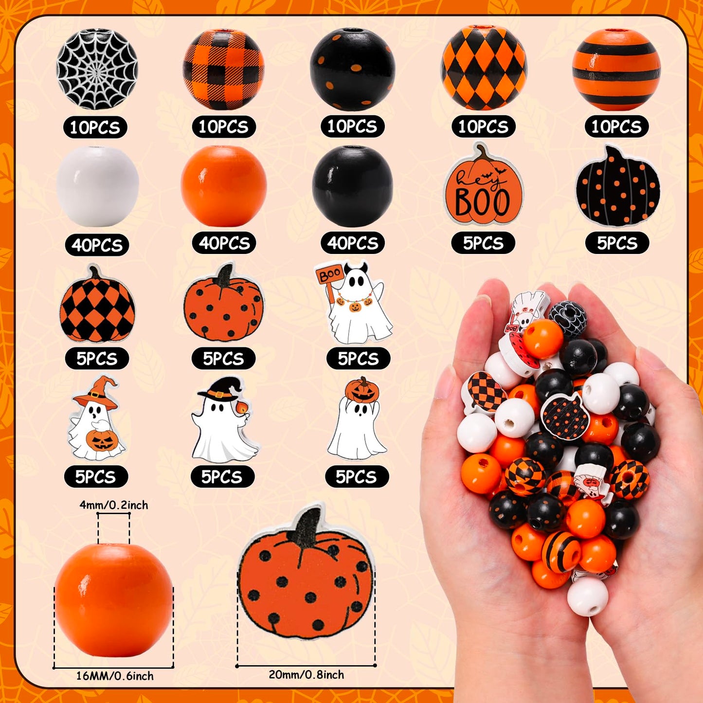 Whaline 210Pcs Halloween Wooden Beads Ghost Pumpkin Spider Web Craft Bead Black Orange Round Loose Beads for DIY Crafts Bracelet Necklace Making Supplies