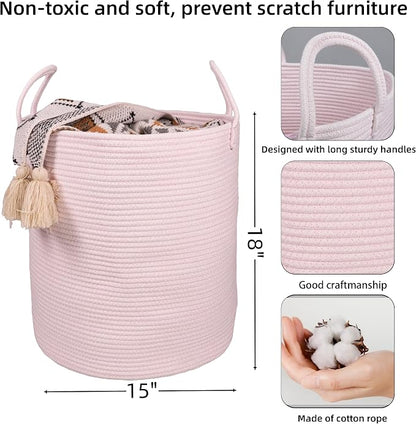 XUANGUO Cotton Rope Laundry Basket Hamper for Girls Kids Baby Nursery Hamper Bin Woven Storage Basket for Living Room Girls room Boho Tall Rope Baskets for Blanket Toys Large light pink