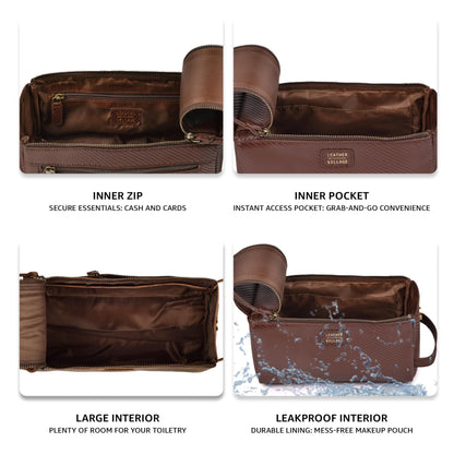 LEATHER VILLAGE Genuine Carbon Fiber Genuine Leather Travel Toiletry Bag - Large Dopp Kit, Water-Resistance Bathroom & Shaving Organizer for Men & Women - Brown