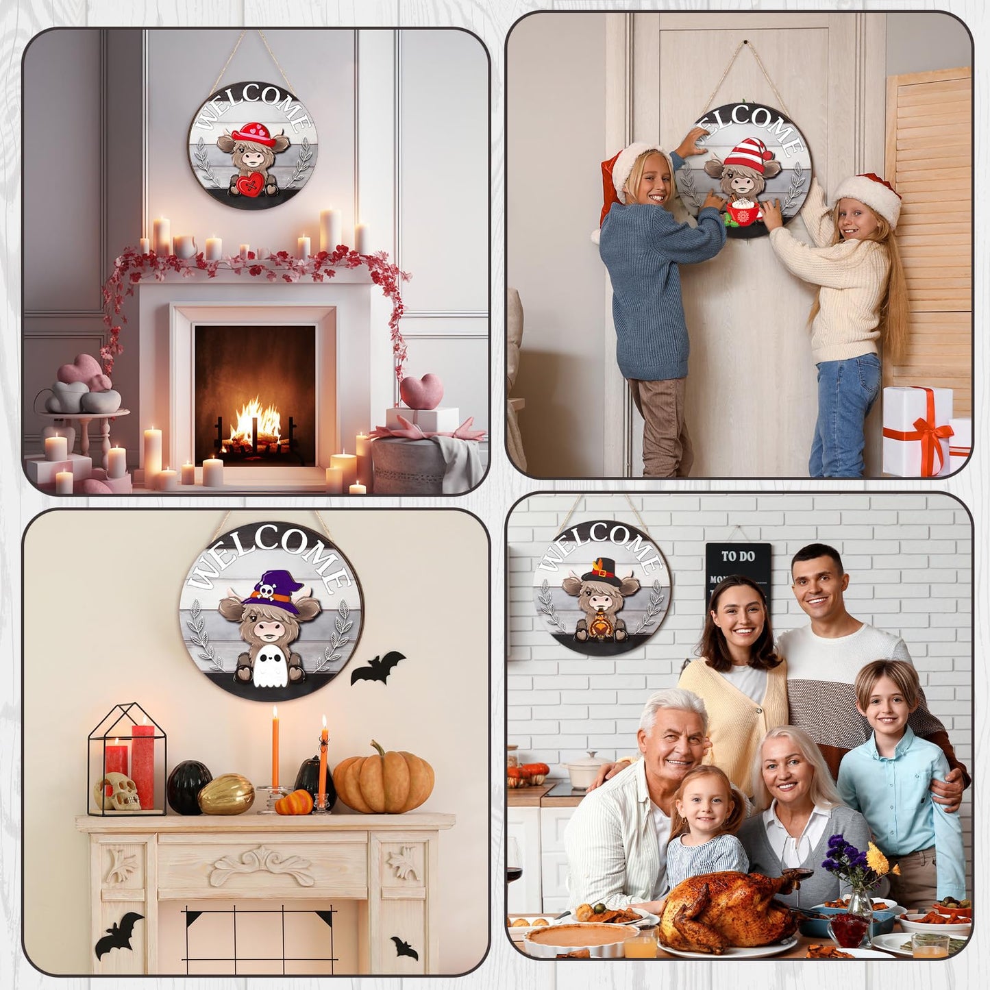 Vicenpal 35 Pcs Patriotic Interchangeable Highland Cow Welcome Sign 4th of July Highland Cow Seasonal Wooden Hanging Door Decor Farmhouse Hanging Sign for All Seasons Holiday Party Decor(Dark Gray)