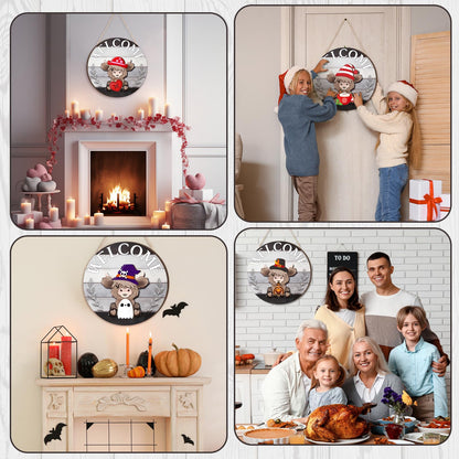 Vicenpal 35 Pcs Patriotic Interchangeable Highland Cow Welcome Sign 4th of July Highland Cow Seasonal Wooden Hanging Door Decor Farmhouse Hanging Sign for All Seasons Holiday Party Decor(Dark Gray)