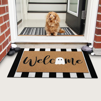 Tinideya 2 Pcs Door Mat Welcome Non Slip Coir Mats Floor Layering Doormats Seasonal for Front Porch Entryway Decor(White Ghost)