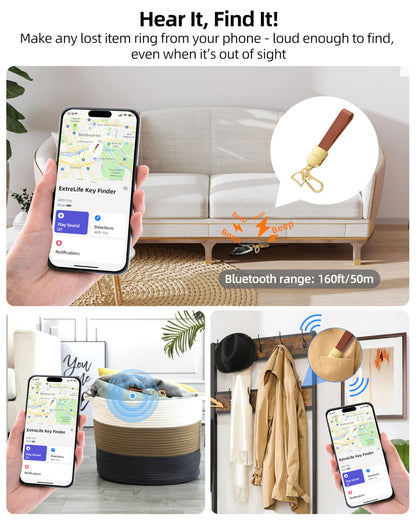 Keychain, Works with Apple Find My, Leather Car Keychain for Women and Men, Car Key Fob Holder, Key Chain with GPS Tracker, Anti-Lost Smart Keys Finder, Rechargeable, Brown
