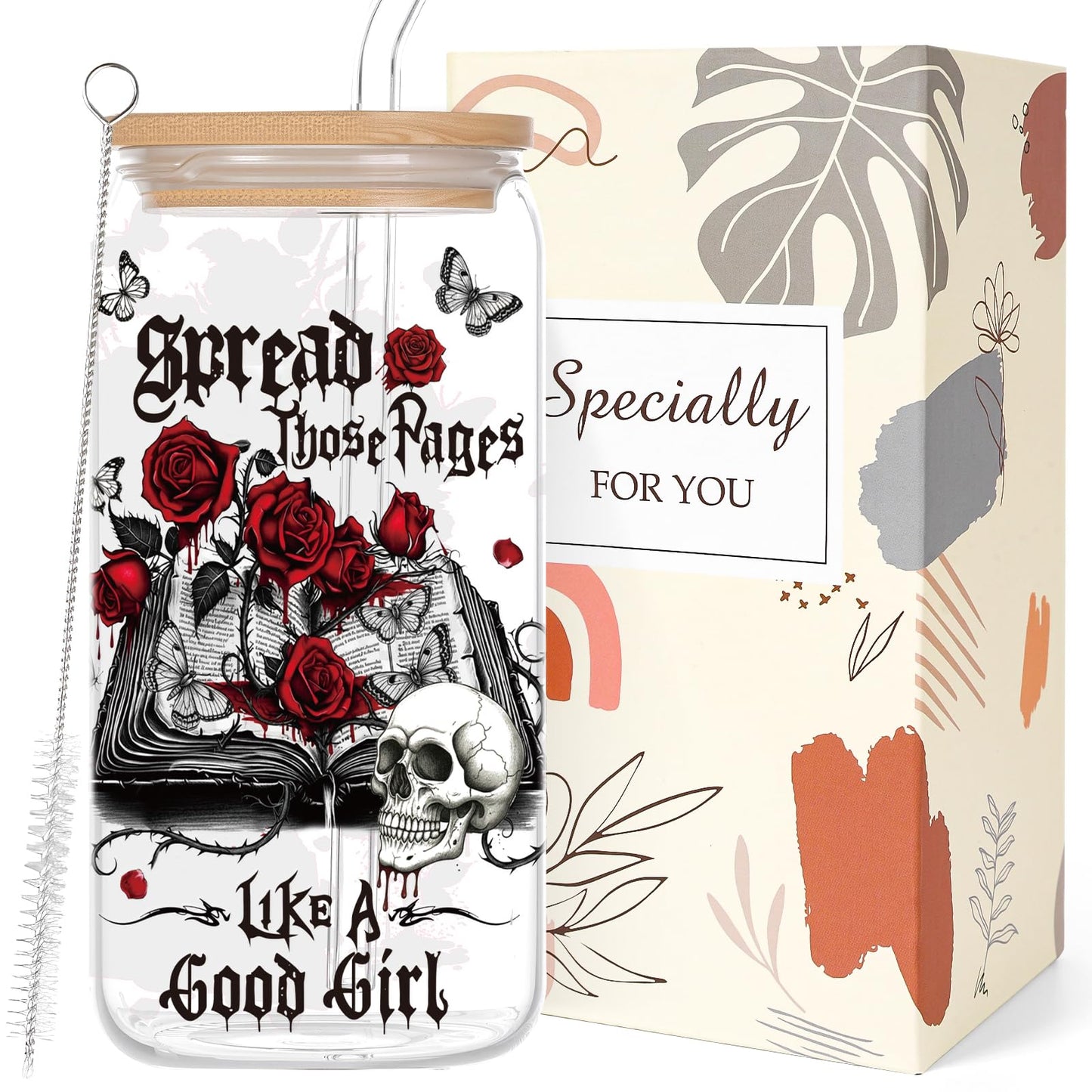 Deorfuy Gothic Glass Cup Gifts for Women Girls, 16 Oz Dark Romance Theme Glass Cup with Lids Straw Gifts, Spooky Skeleton Halloween Tumbler Present