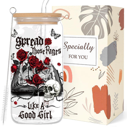 Deorfuy Gothic Glass Cup Gifts for Women Girls, 16 Oz Dark Romance Theme Glass Cup with Lids Straw Gifts, Spooky Skeleton Halloween Tumbler Present