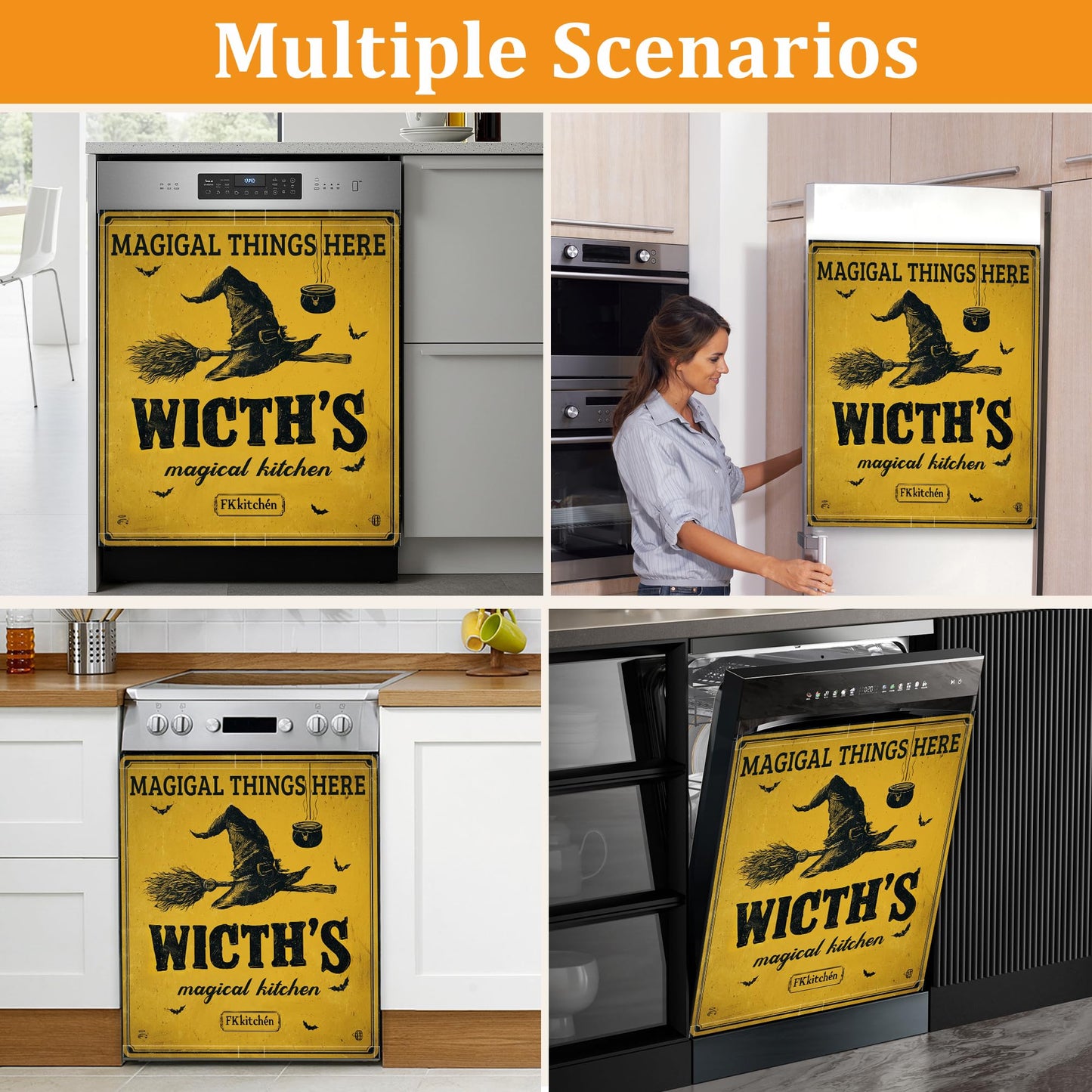 Halloween Witch Dishwasher Cover Magnet, 23 x 26 Inch Trimmable Magnetic Sticker for Dishwasher Front Panel, Easy Clean Decor for Fridge