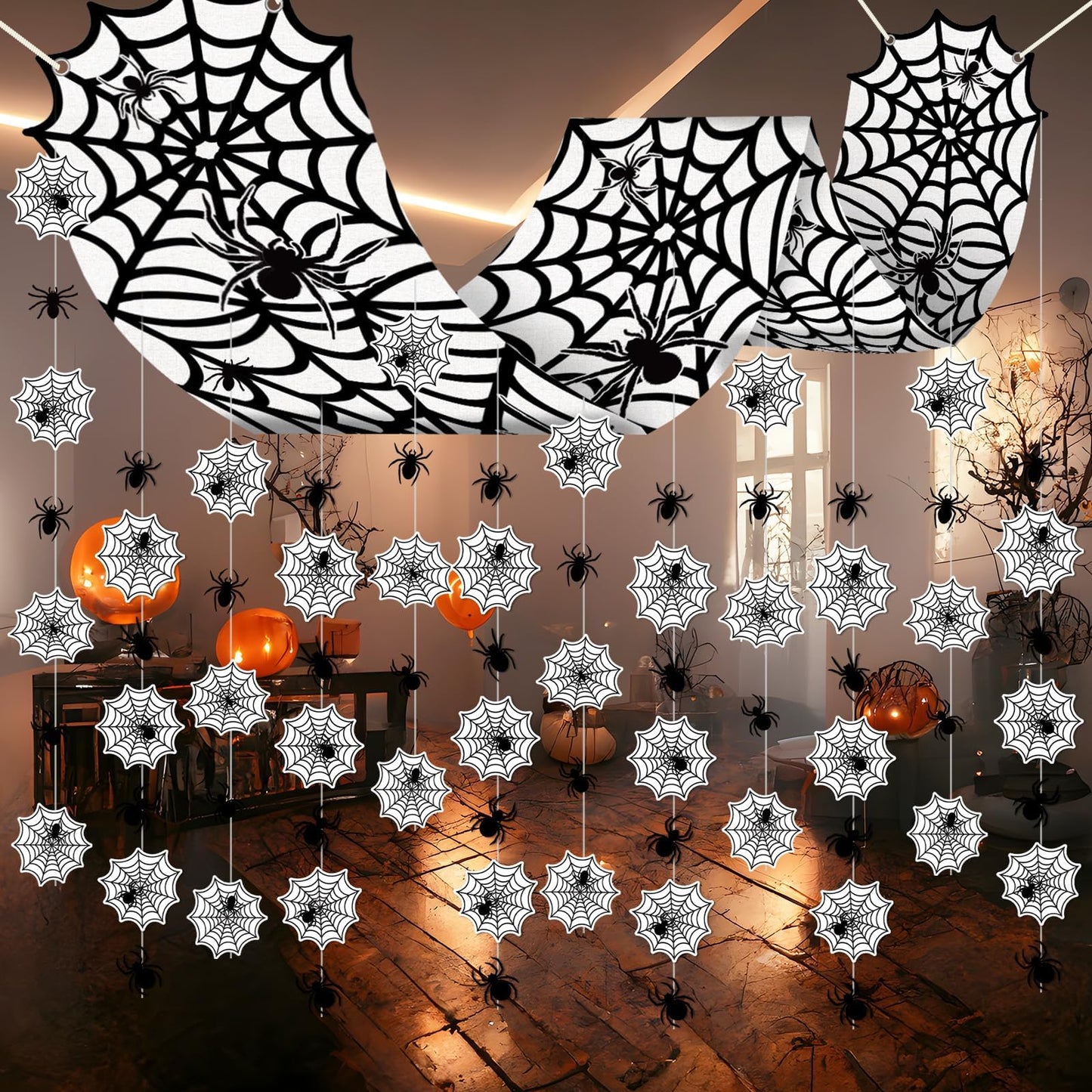 Halloween Black Spider Hanging Ceiling Decorations Spider Web Ceiling Decors Hanging Banner with Scary Cobweb Spiders Paper Garlands for Haunted House Zombie Party Decor Trunk Or Treat Celebrations