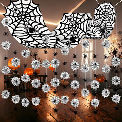 Halloween Black Spider Hanging Ceiling Decorations Spider Web Ceiling Decors Hanging Banner with Scary Cobweb Spiders Paper Garlands for Haunted House Zombie Party Decor Trunk Or Treat Celebrations