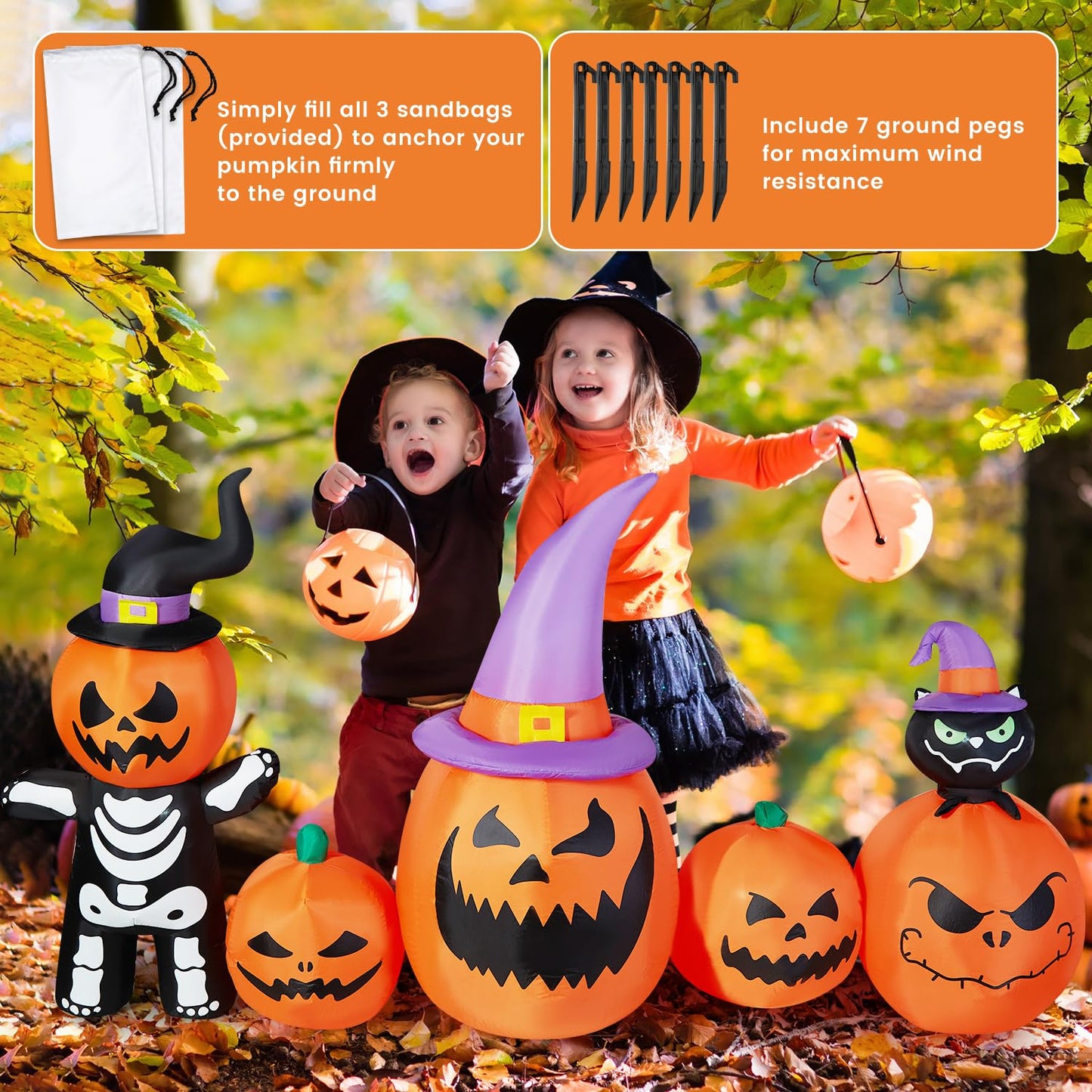 8FT Long Halloween Inflatable Pumpkins Outdoor Decorations, 5 Blow up Pumpkins with Witch Cats Built-in LED Lights, Halloween Inflatables Decor for Outside Yard Lawn