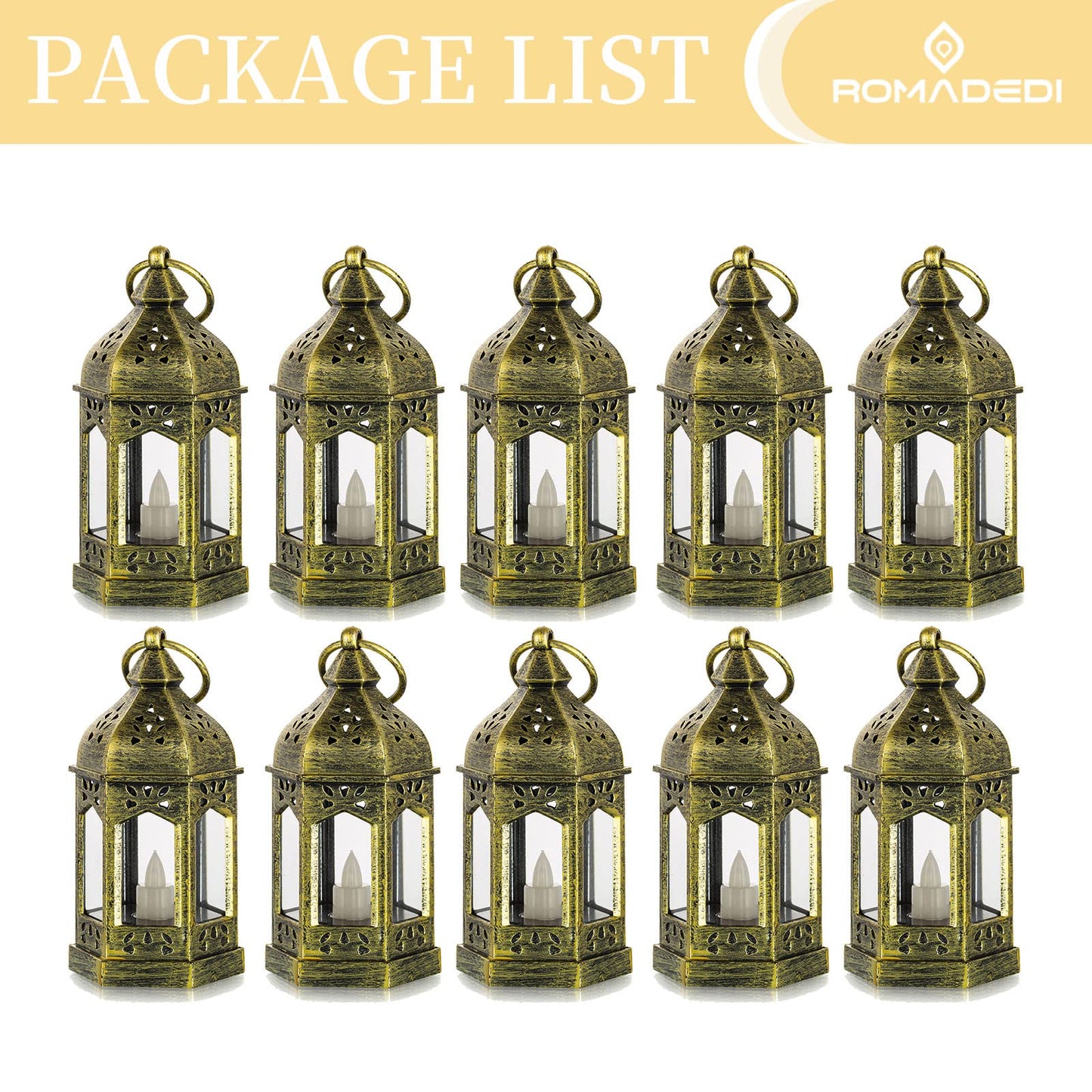 Romadedi Mini Lanterns Decorative for Centerpiece: 10pcs Hanging Small Gold Lantern Bulk with Flickering LED Candles for Wedding Decor Party Table Decorations Christmas Halloween, Batteries Included